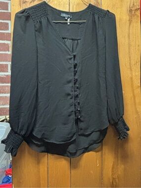 STATE Black V-Neck Button Front Peasant Blouse